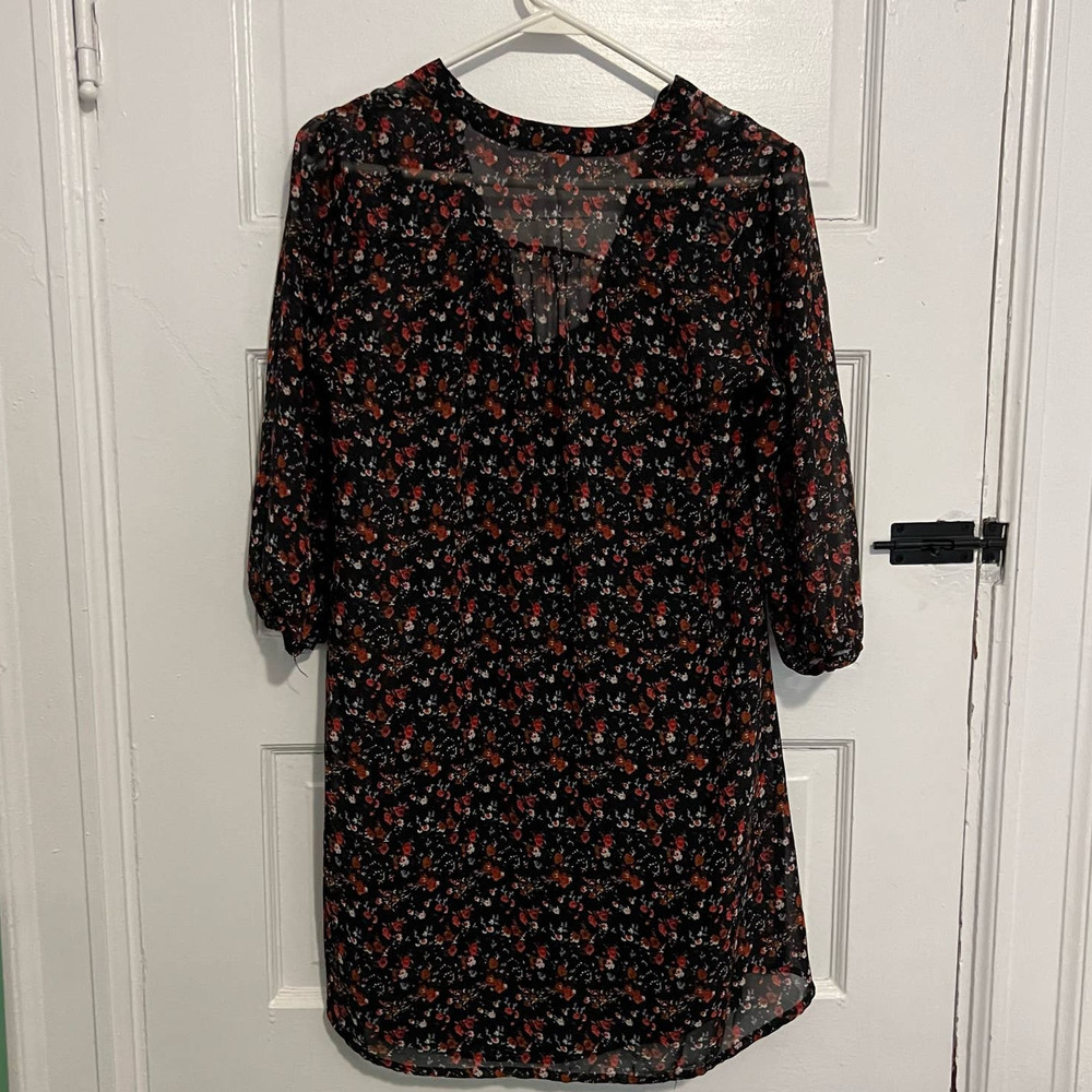Black Poppy sheer black floral button down dress XS